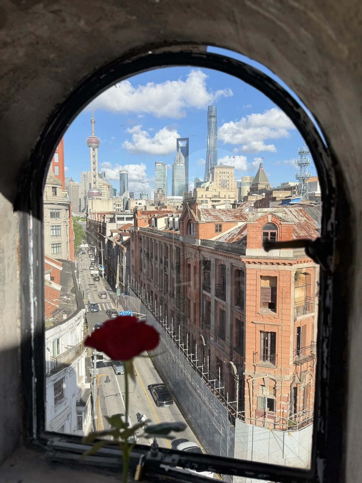 Shanghai skyline and historic buildings seen through an arched window, with a red rose in the foreground